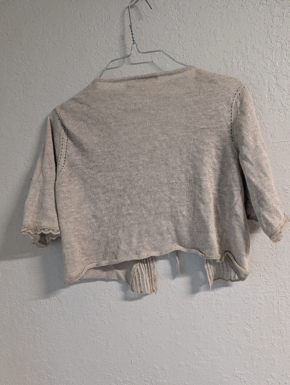 Linen Lace Tie Front Cropped Cardigan M Beige Cream Dainty Goblin Fairy Boho - Picture 8 of 8